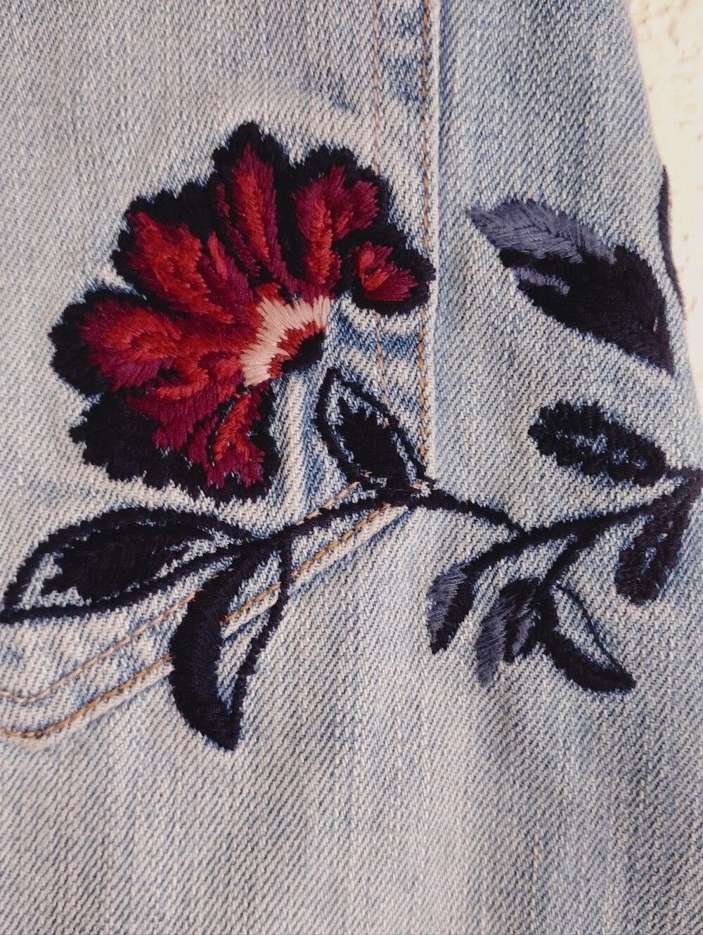 Abercrombie & Fitch Light Blue Distressed Denim Mini Skirt with Floral Appliqué - Picture 6 of 6